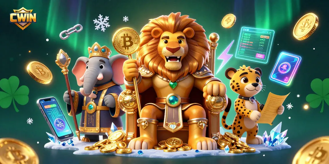 CWIN showcases a lion king on a throne of win with crypto coins, symbolizing gaming success.