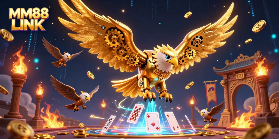 Engage with the spectacular MM88 LINK scene featuring a diving cybernetic eagle amidst holographic cards and dynamic casino elements.