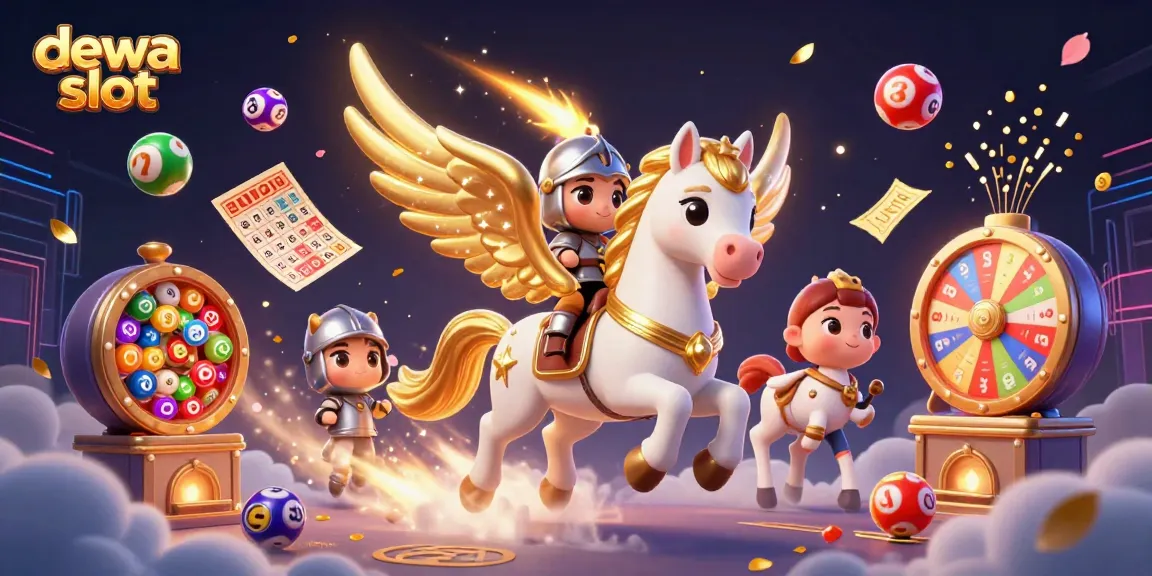 Slot online "dewa slot" dengan karakter kuda bersayap dan elemen permainan kasino berwarna-warni yang dinamis.