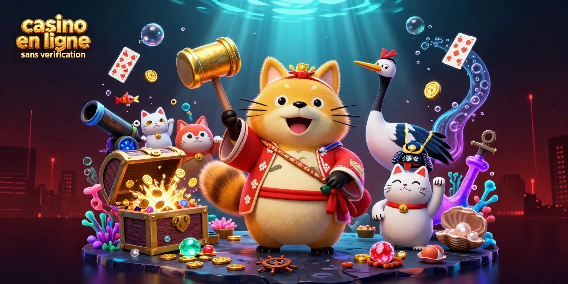 Profitez d'une illustration vibrante de casino en ligne sans vérification avec un tanuki et des chanceux maneki-neko.