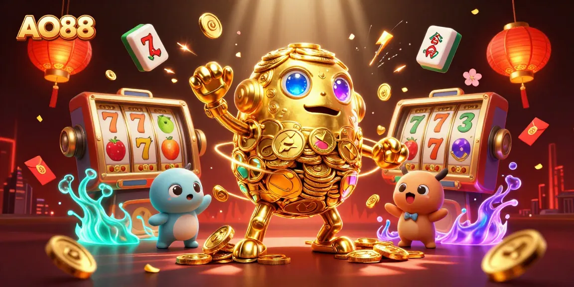 Spin the reels and win big with AO88's vibrant casino experience featuring golden golems and festive details.