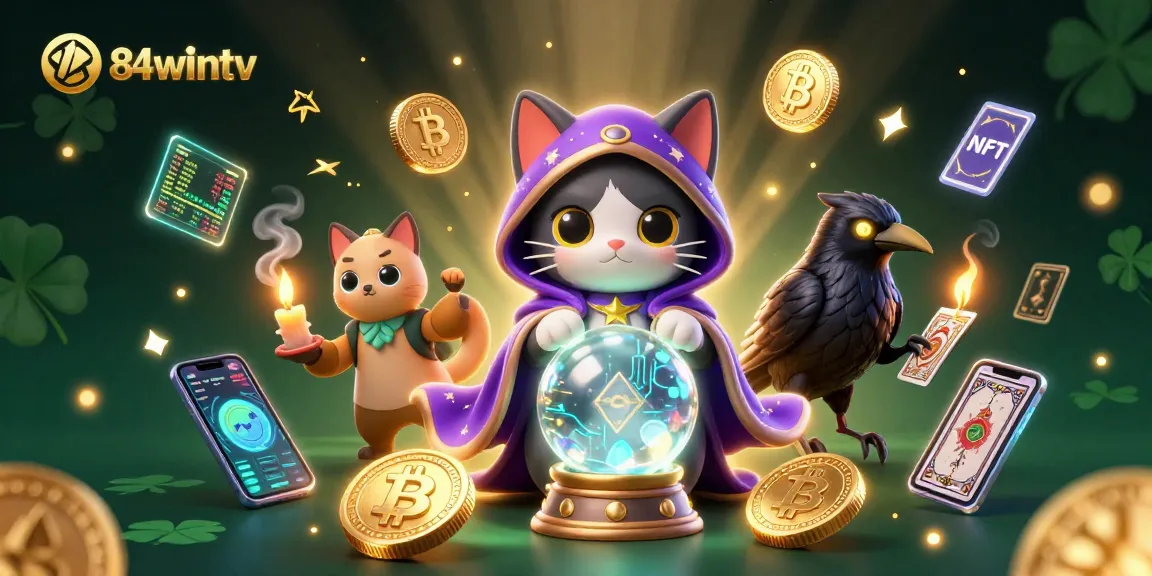 Engage in thrilling gaming at 84wintv featuring a mystical scene with fortune teller cat, glowing raven, and crypto elements.
