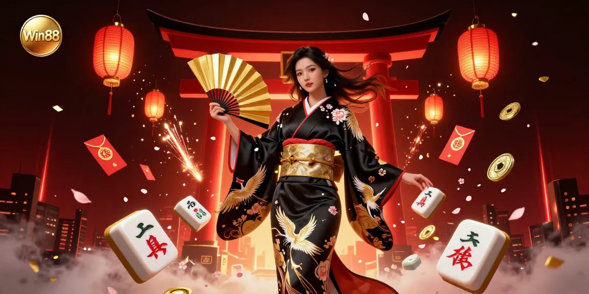 Win88 players engaging with vibrant casino elements, enjoying a rich 3D gaming experience with mahjong tiles.