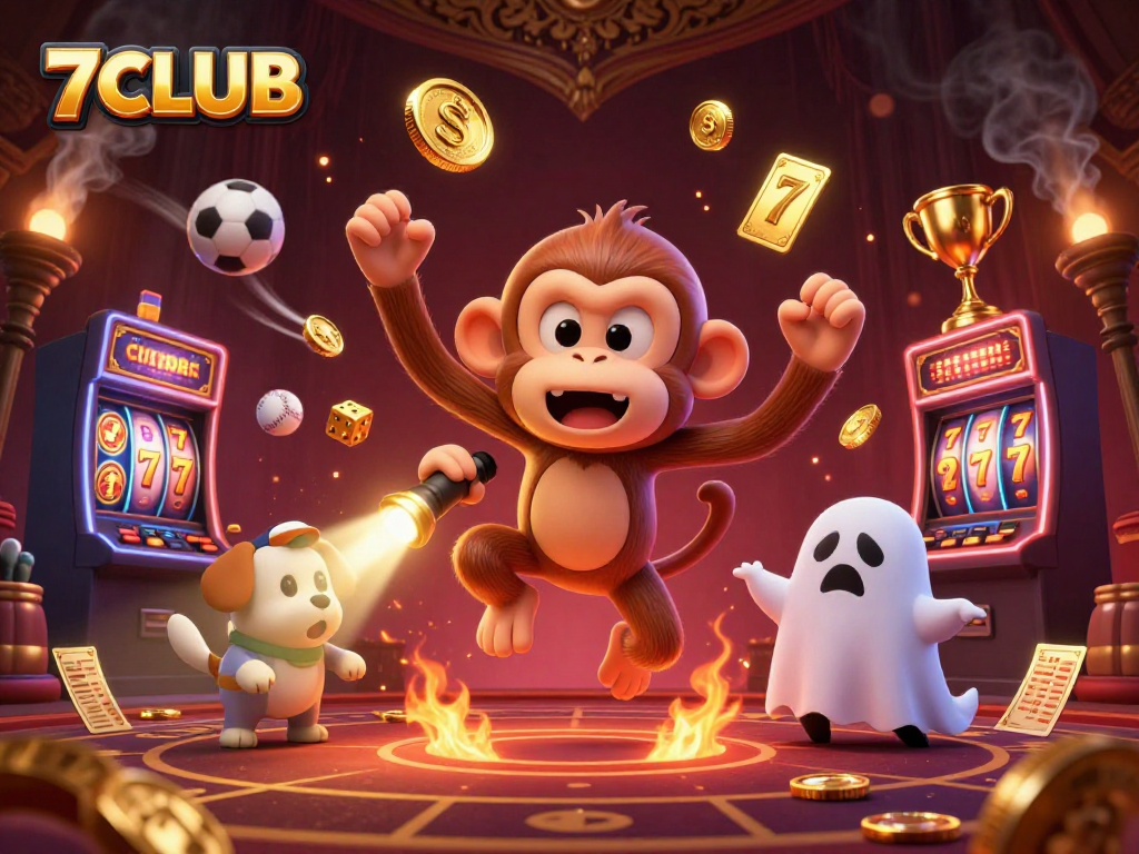 Experience thrilling gameplay at 7CLUB in this vibrant casino-themed illustration.