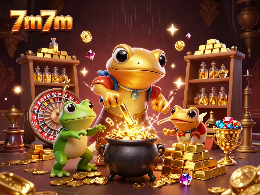 A 3D cartoon illustration showcasing a golden salamander alchemist and frog assistant in a lively casino laboratory setting with interactive gambling elements, including a roulette wheel and gold coins.