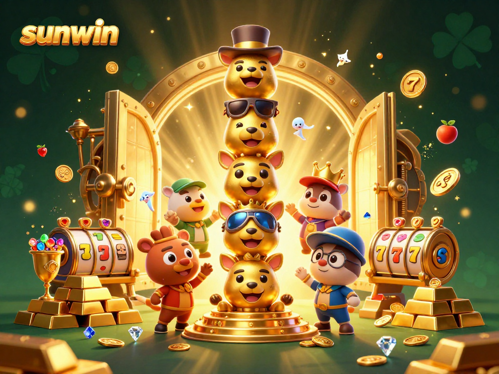 Engage with sunwin's vibrant casino scene featuring a lively totem pole and rich treasures.