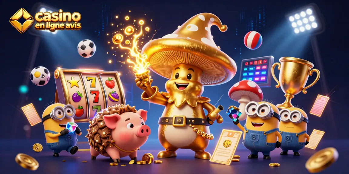 Célébrez les gagnants avec des avis sur les casinos en ligne, des personnages colorés et des éléments de jeu dynamiques.