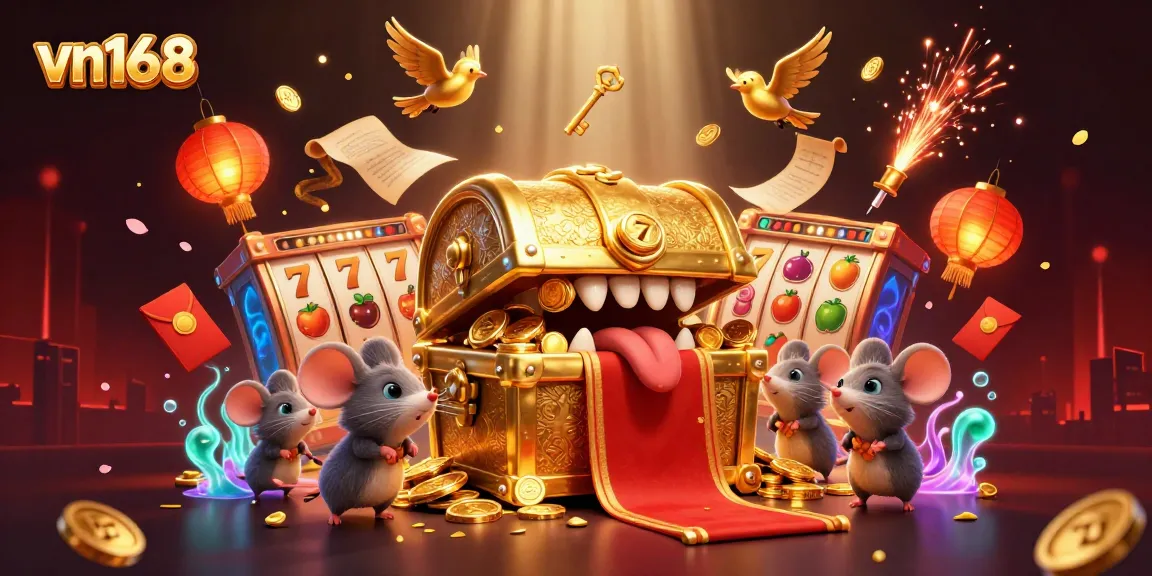 Spin to win with vn168's captivating treasure chest, surrounded by vibrant slot reels and golden coins.