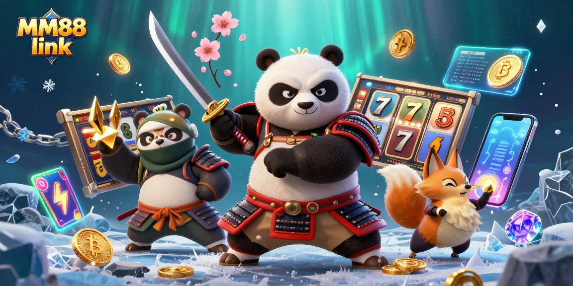 Win big with MM88 link in this dynamic casino-themed illustration featuring 3D characters and slot elements.
