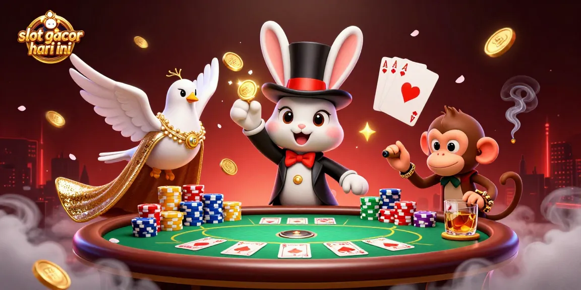 Engage in slot gacor hari ini with vibrant 3D casino elements featuring animated characters and poker chips.