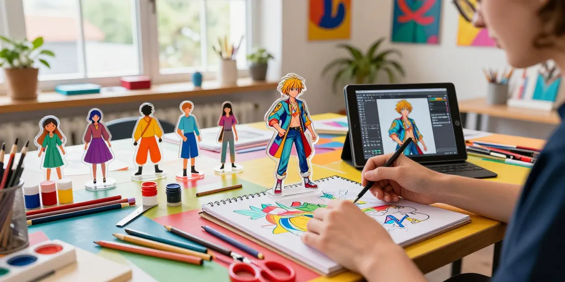 Custom acrylic standee designs in a vibrant craft workshop, showcasing creativity and artistry.