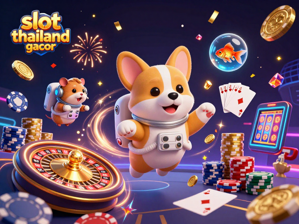 Engage with slot thailand gacor, featuring a vibrant 3D casino scene with astronauts and festive elements.