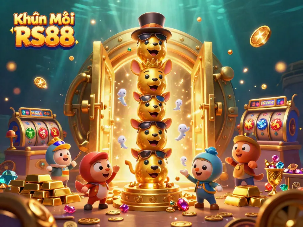 Engage with Khuyến Mãi RS88, explore a dynamic 3D casino scene filled with golden treasures and vibrant slot reels.