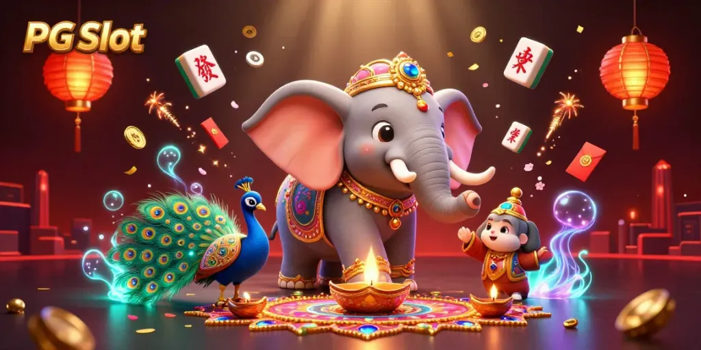 Spin and win with PG Slot in a vibrant, festive 3D casino scene illustrating exciting gameplay.