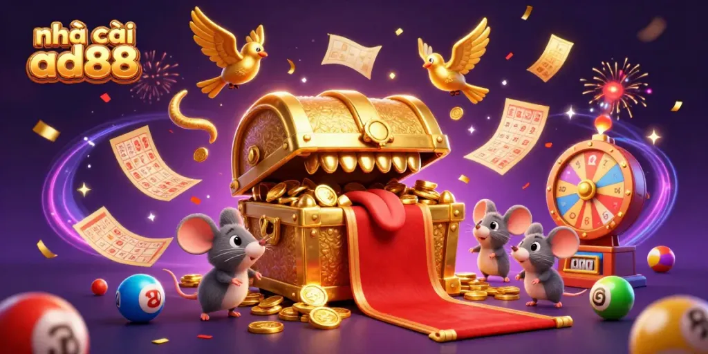 Engage with nhà cái ad88, featuring an adventurous treasure chest scene that celebrates luck and gaming excitement.