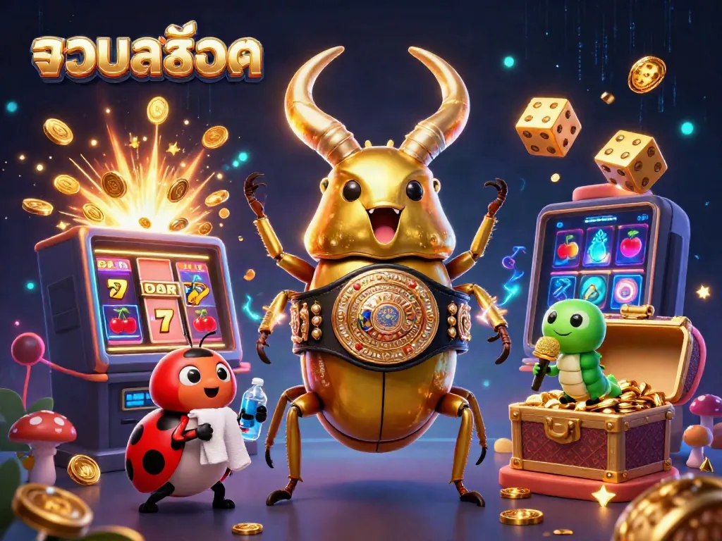 Join the exciting world of รวมสล็อต with a bold golden stag beetle champion, vibrant slot machine, and dynamic casino symbols!