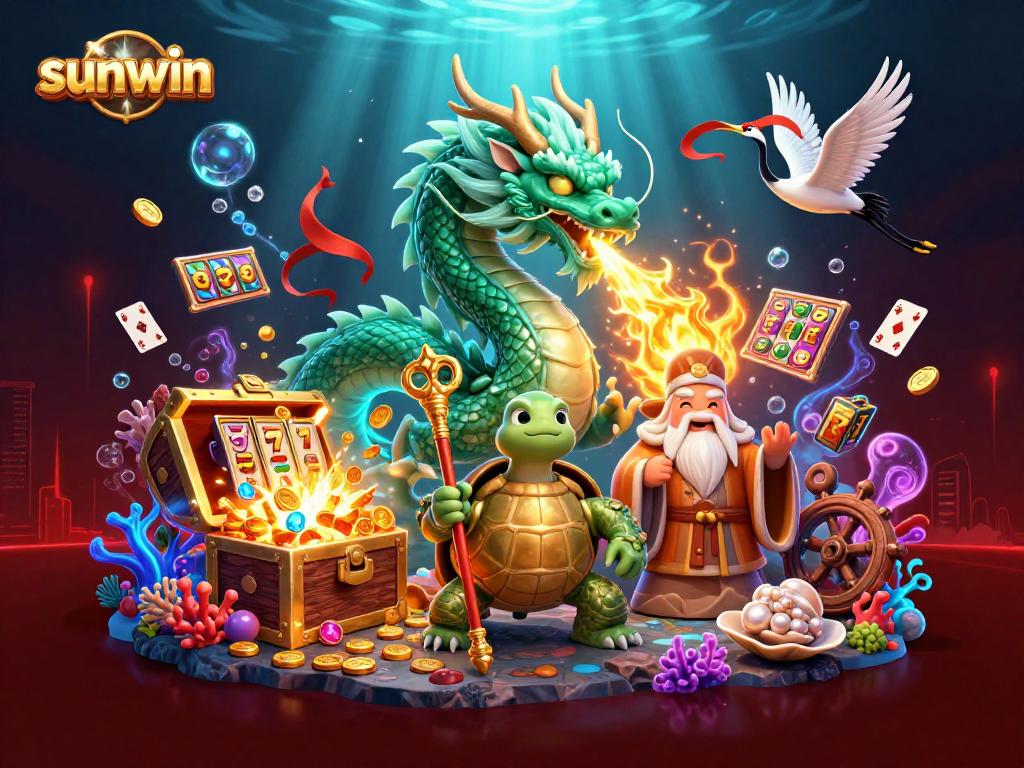 Engage in thrilling gameplay with sunwin's vibrant 3D casino illustration showcasing mythical creatures.