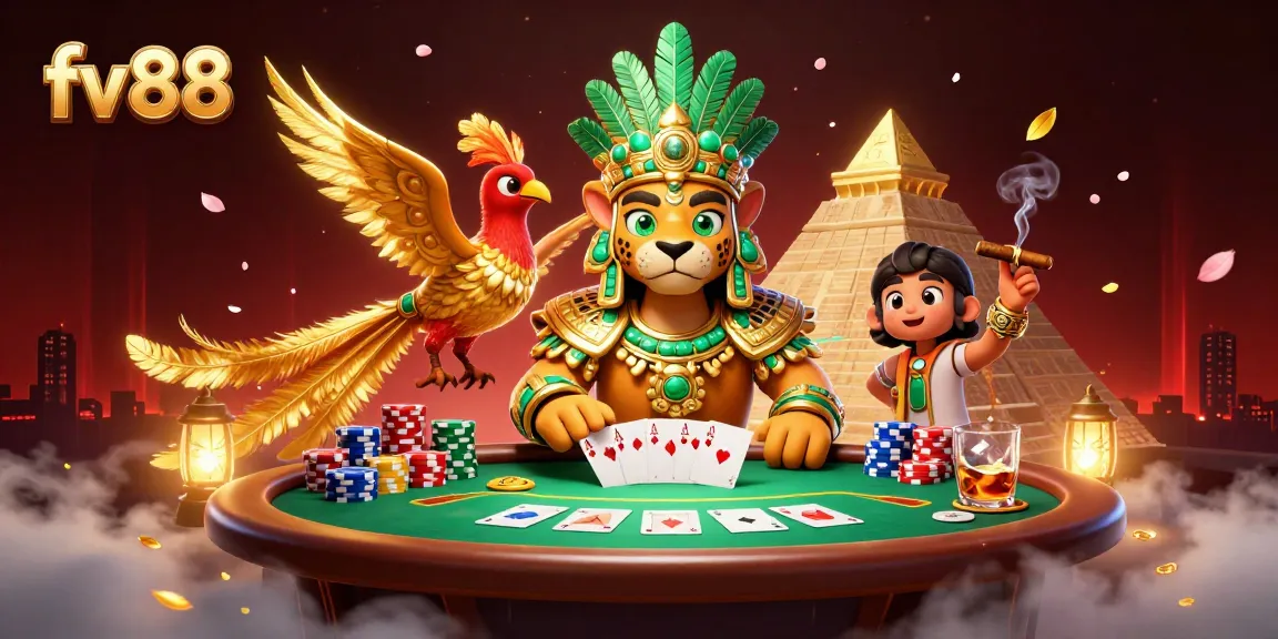 Bet big with fv88 at the electrifying poker scene featuring stunning 3D jaguar and quetzal characters.