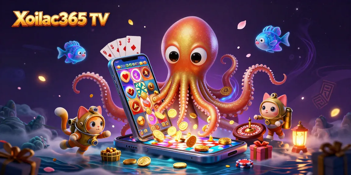 Xoilac365 TV brings excitement with a colossal kraken, a diving cat, and vibrant gambling elements.