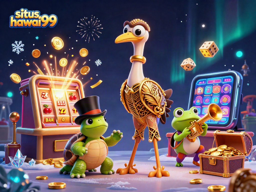 Experience situs hawai99 thrills with a vibrant casino-themed 3D illustration showcasing lively characters and jackpot excitement.