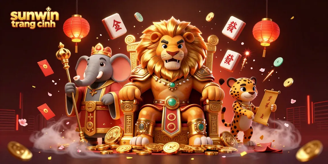 Join the fun at sunwin trang chính with a vibrant casino-themed scene featuring a lion king, elephant advisor, and cheetah messenger
