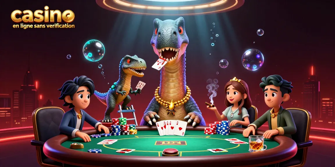 Illustration dynamique d'un casino en ligne sans vérification, avec un brontosaure et un rapace.