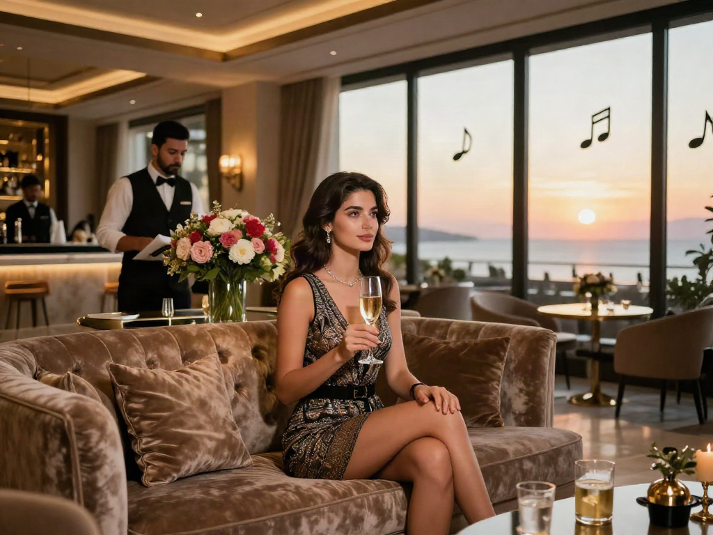 Antalya Merkez Escort experience in a luxurious hotel lobby with elegant decor and sunset view.