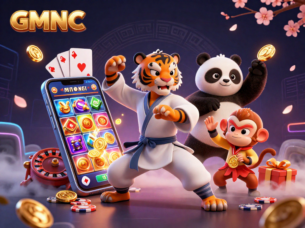 Experience GMNC's vibrant casino scene with kung fu characters, slot games, and golden coins.