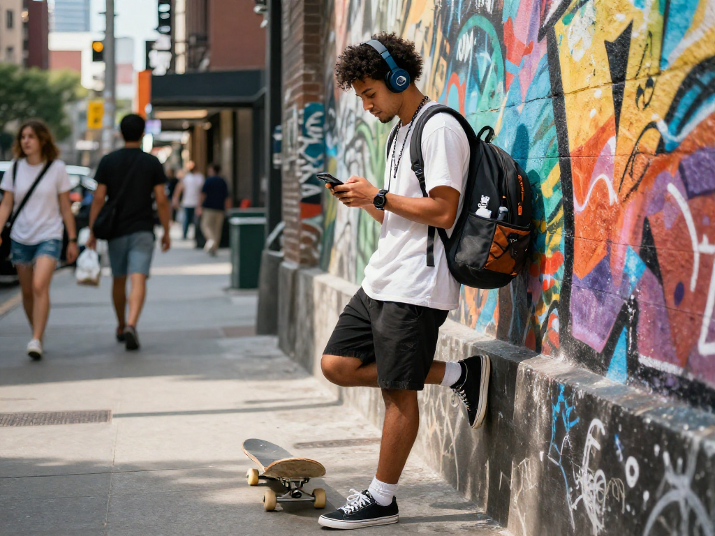 Motchill urban lifestyle scene featuring a stylish individual interacting with their smartphone against a colorful graffiti backdrop.