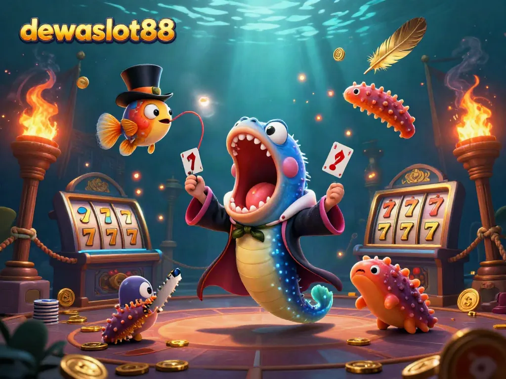 Ilustrasi 3D dewaslot88 yang menampilkan ikan gulper bertenaga magis dengan elemen kasino, trik kartu, dan suasana meriah.