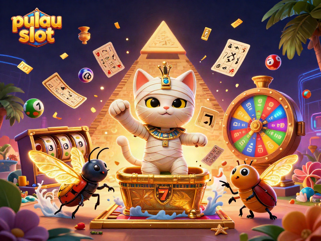 Experience the vibrant pulau slot action with a dramatic Egyptian mummy cat amidst lively casino elements.