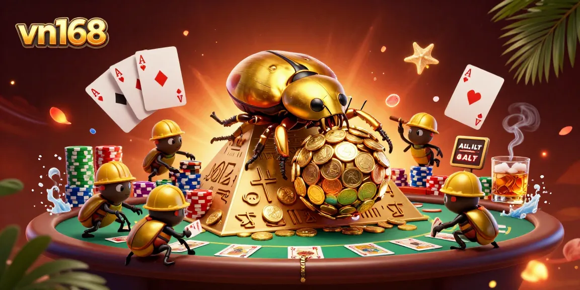 Engage with vn168's vibrant casino experience featuring golden beetles, poker chips, and casino elements.
