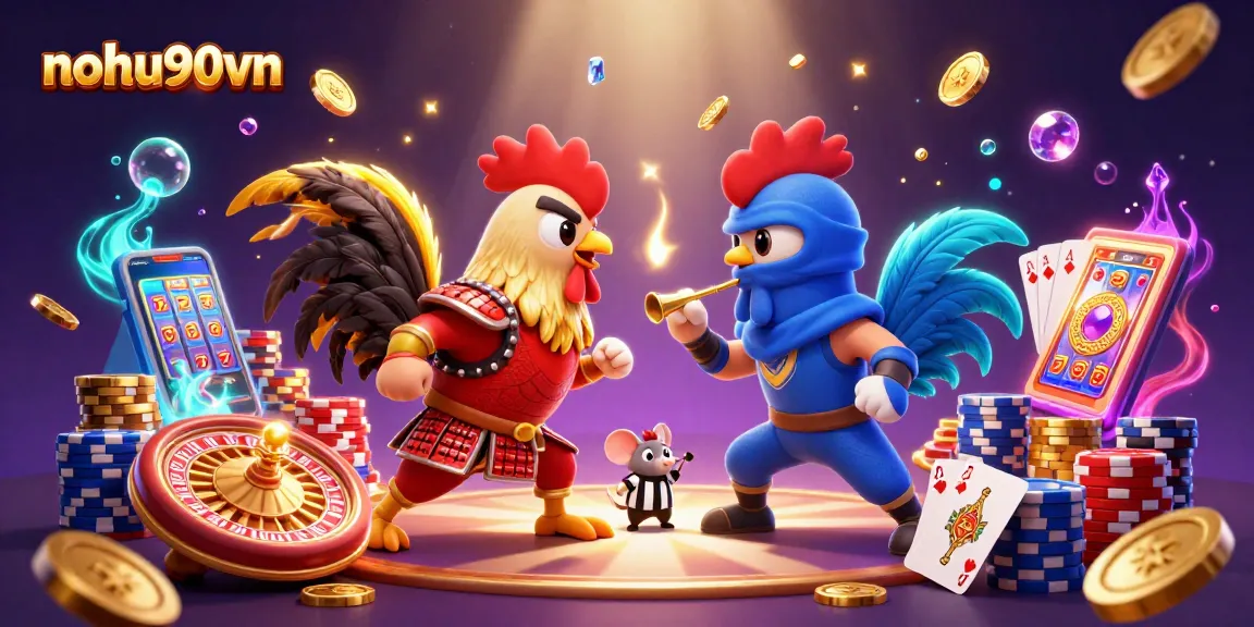 Nohu90vn showcases twin roosters in fighting attire amidst casino elements, promoting vibrancy and excitement.