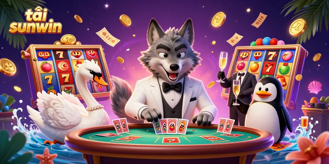 Experience the excitement of tải sunwin with this vibrant 3D casino scene filled with lively game elements.