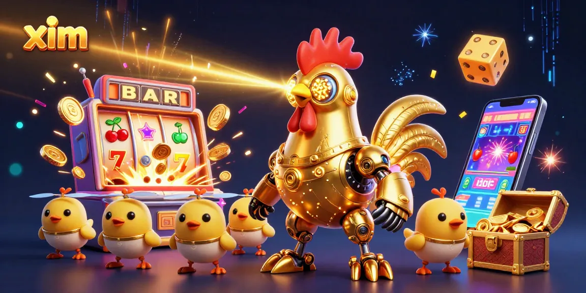 Experience exciting casino adventures with xim in this vibrant 3D illustration featuring a golden rooster robot and slot machine.