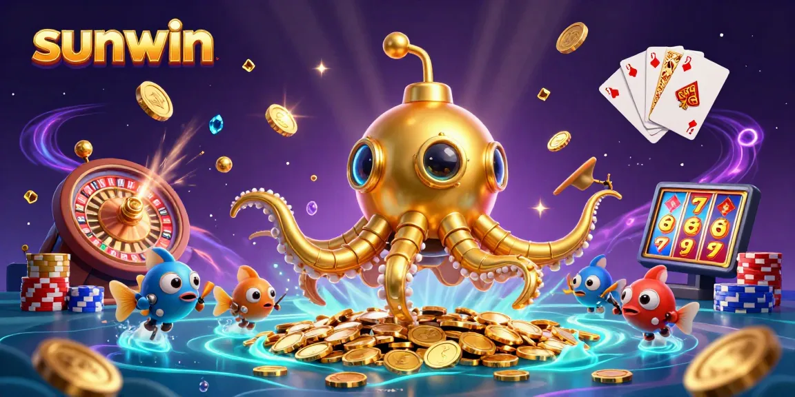 Experience thrilling gameplay with Sunwin’s golden kraken submarine amid cascading coins and vibrant casino elements.