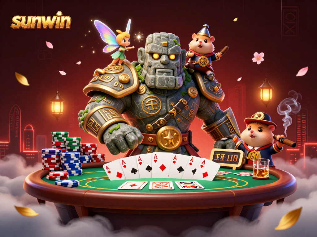 Experience sunwin's thrilling game atmosphere with a mystical golem, fairy, and hamster knight.
