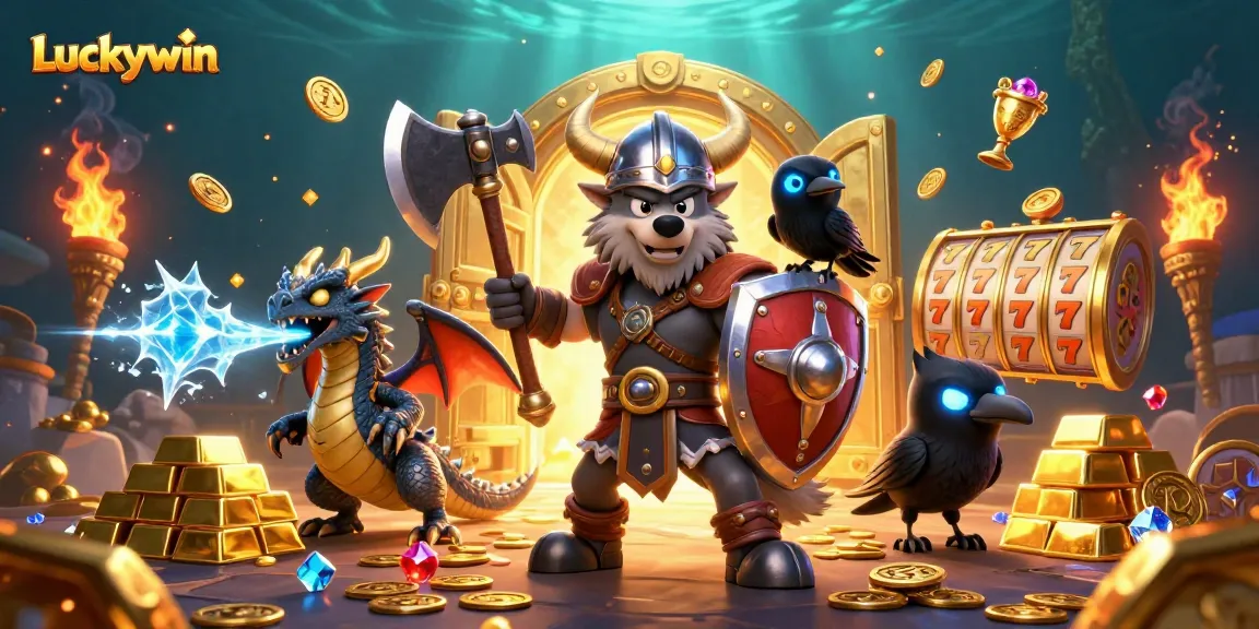 Try your luck with Luckywin in a vibrant casino scene filled with treasures and dynamic gaming elements.