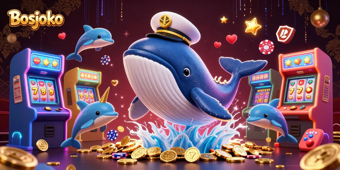 Bosjoko engages players with a vibrant 3D casino scene featuring a whale, narwhal, and dolphins.