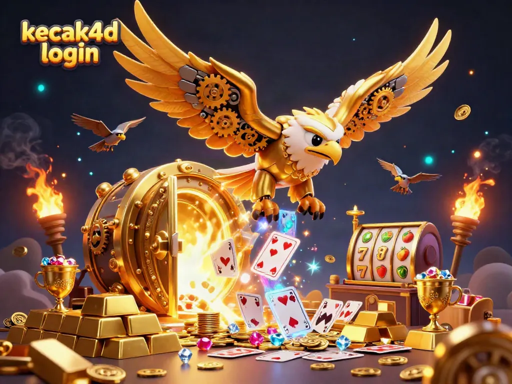 Experience the excitement of kecak4d login with a vibrant golden eagle and shimmering slot elements.