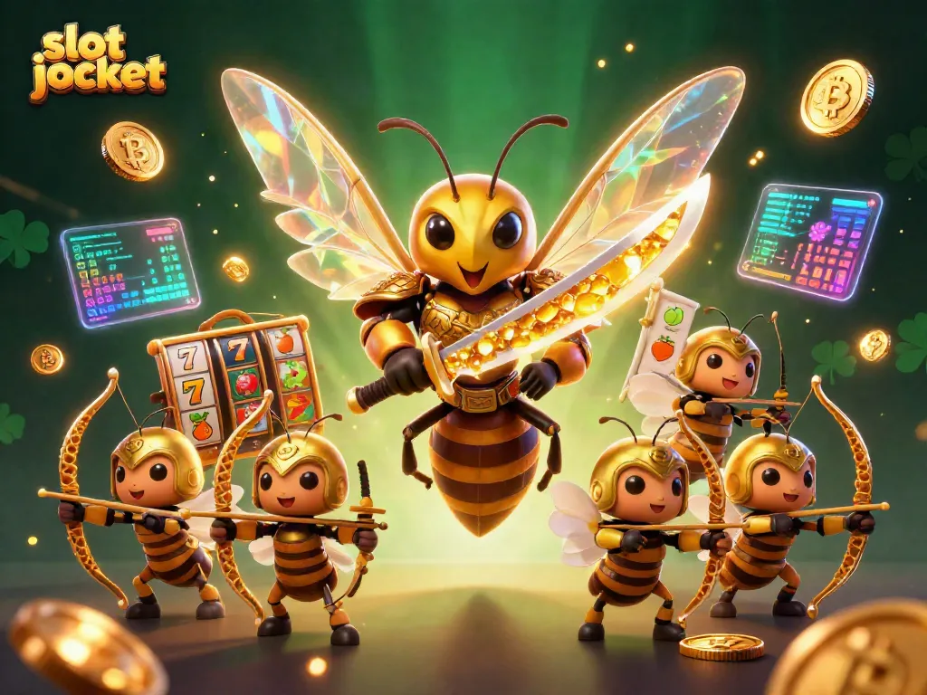 Engage in thrilling slot jackpot action with a vibrant 3D illustration featuring heroic bees and dynamic casino elements.