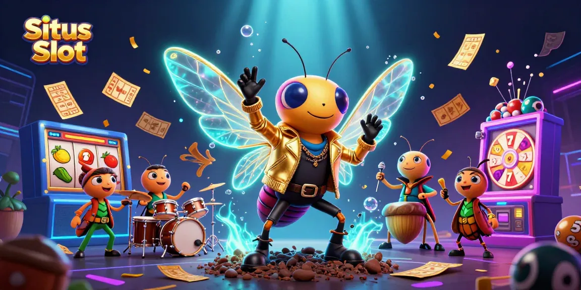 Situs Slot illustration featuring a cicada rock star and beetle drummer in a vibrant, casino-themed scene.