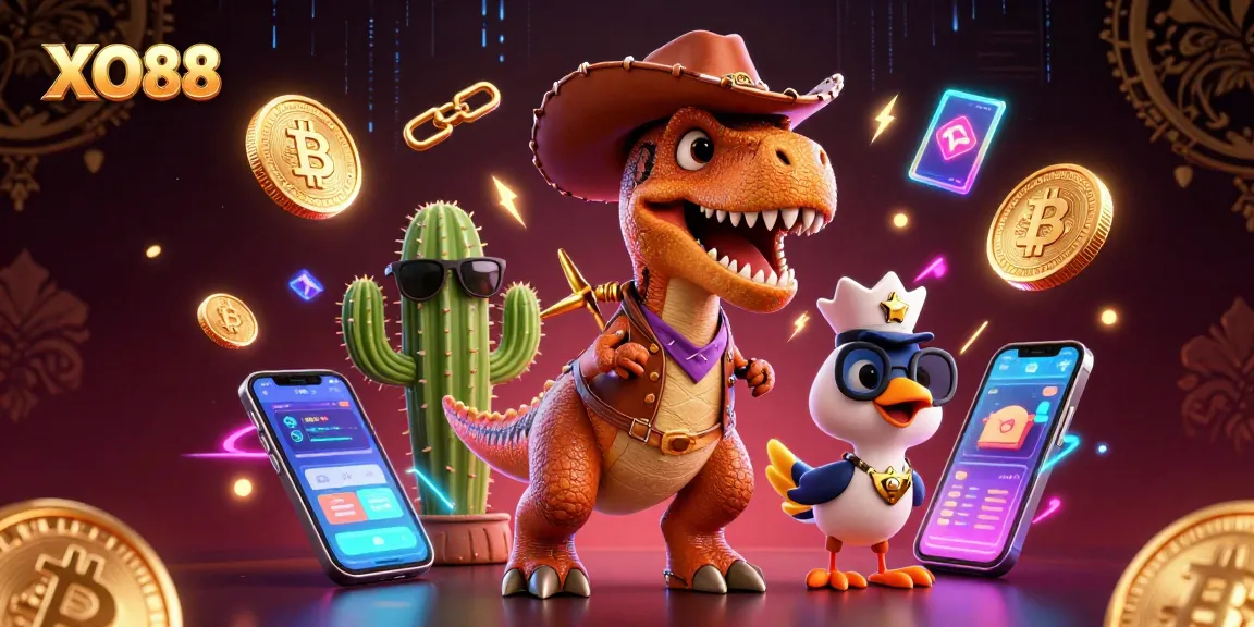 Experience the excitement of XO88 as a cartoon T-Rex cowboy joins the casino action!