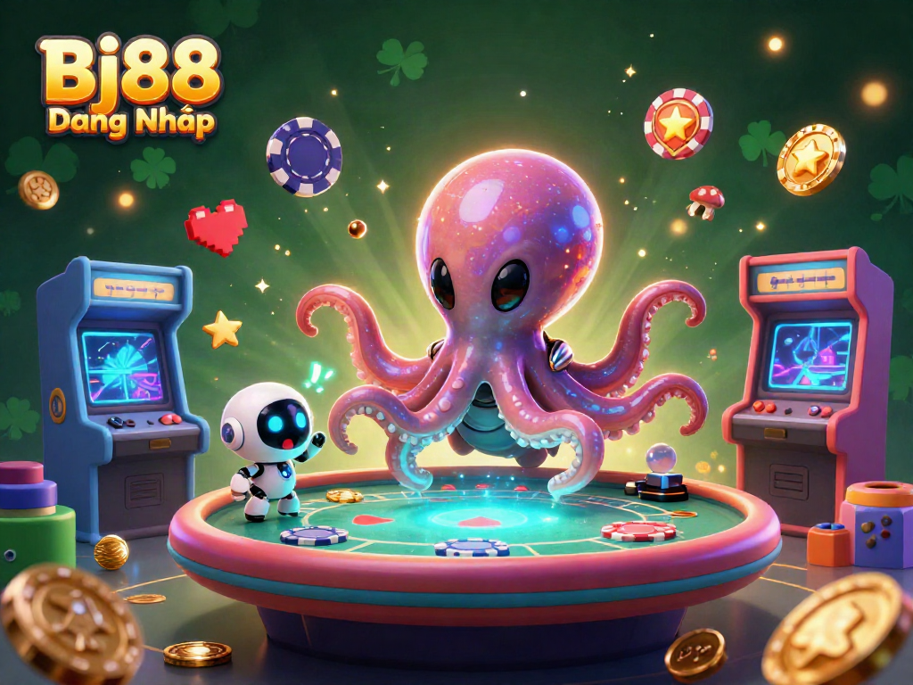 Bj88 Đăng Nhập features a vibrant 3D casino scene with an alien octopus and gaming elements in action.