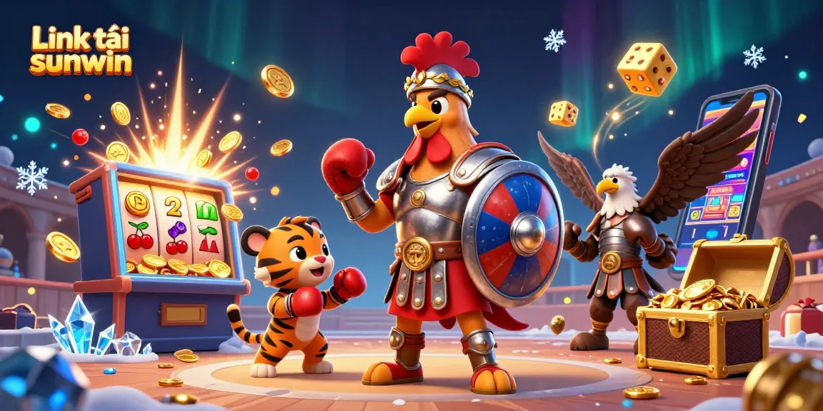Engage with Link tải sunwin through this vibrant casino-themed illustration showcasing dynamic characters and exciting game elements.