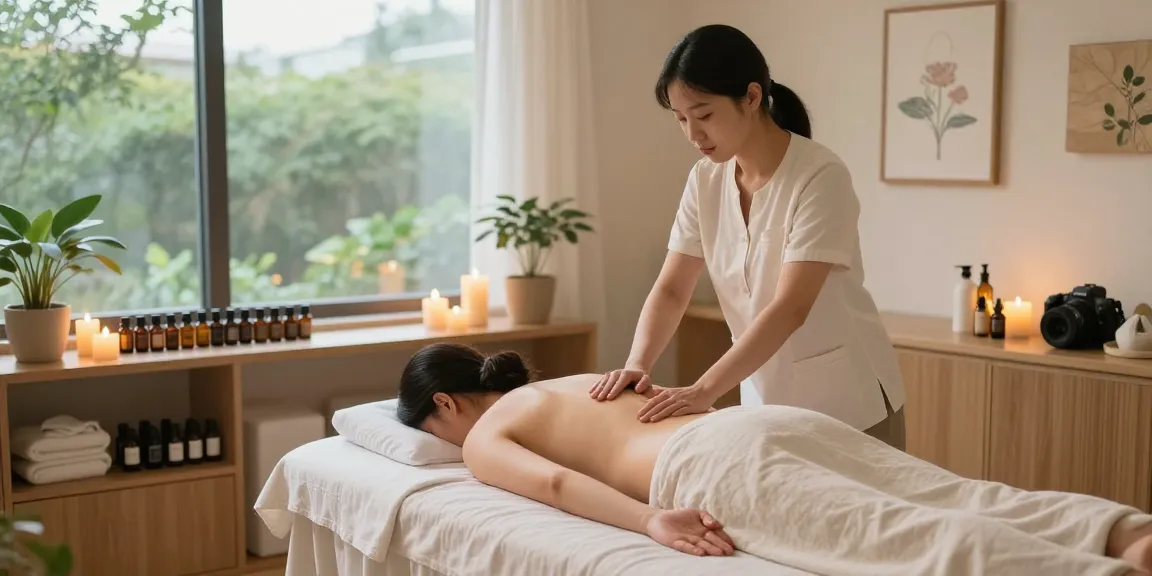 Relaxing 남양주출장안마 session with therapist applying aromatherapy oils in a tranquil massage studio.