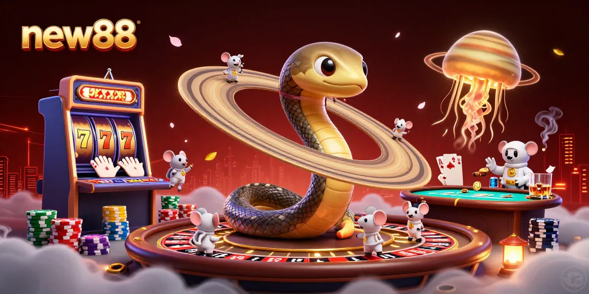 Engaging illustration of new88 themed casino scene with a Saturn ring snake and astronaut mice betting.