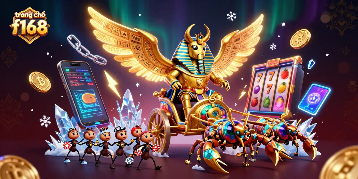 Experience thrilling gameplay at trang chủ f168 with a vibrant illustration of a golden scarab beetle and slot elements.