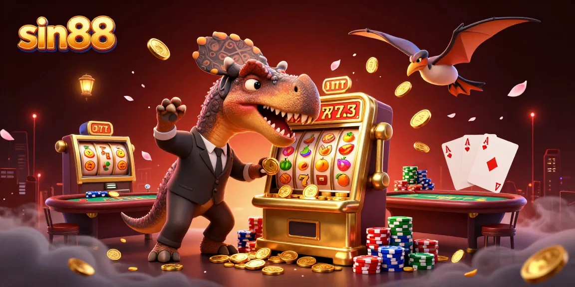 Catch flying coins with sin88’s vibrant slot machines in action, showcasing exciting casino elements.