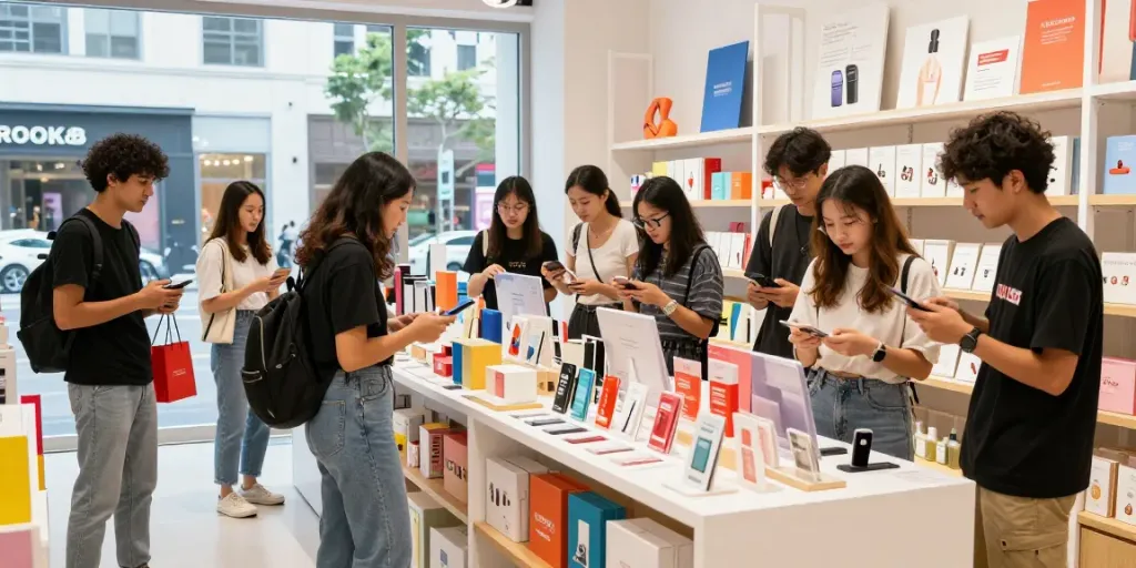 Friends shopping for lifestyle products at a vibrant rokok88 retail space
